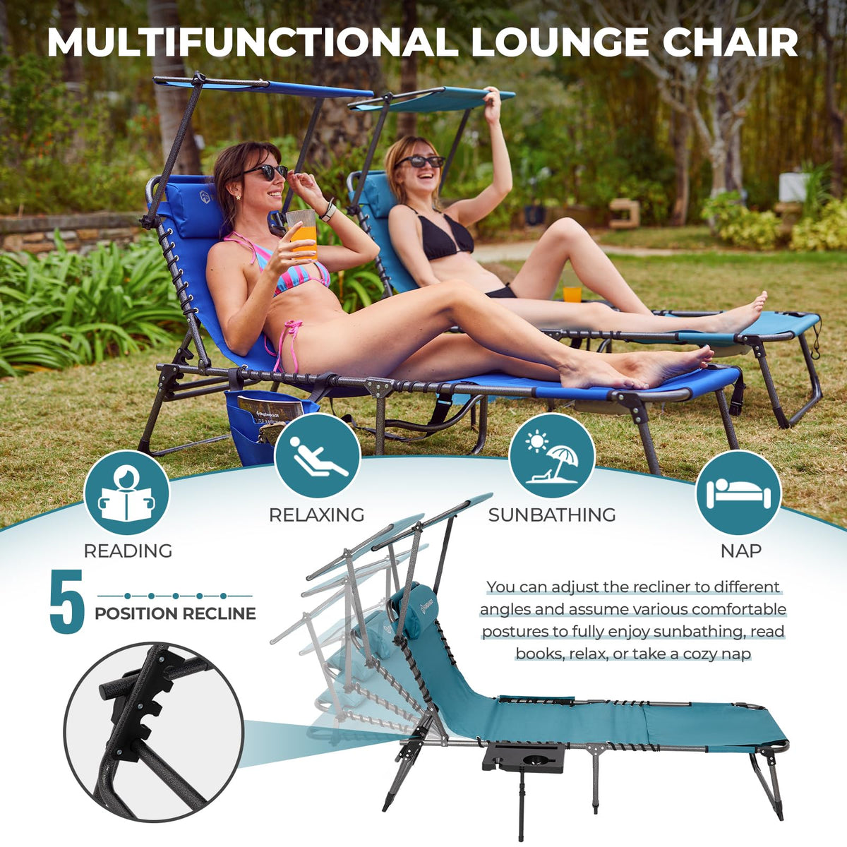 FUNDANGO 4 in 1 Tanning Chair with Face Hole, Beach Lounge Chair with Canopy Shade & Side Table Chaise Lounge Chairs for Patio, Pool, Lawn, Sunbathing, 5-Position Adjustable Sun Lounger, Cyan