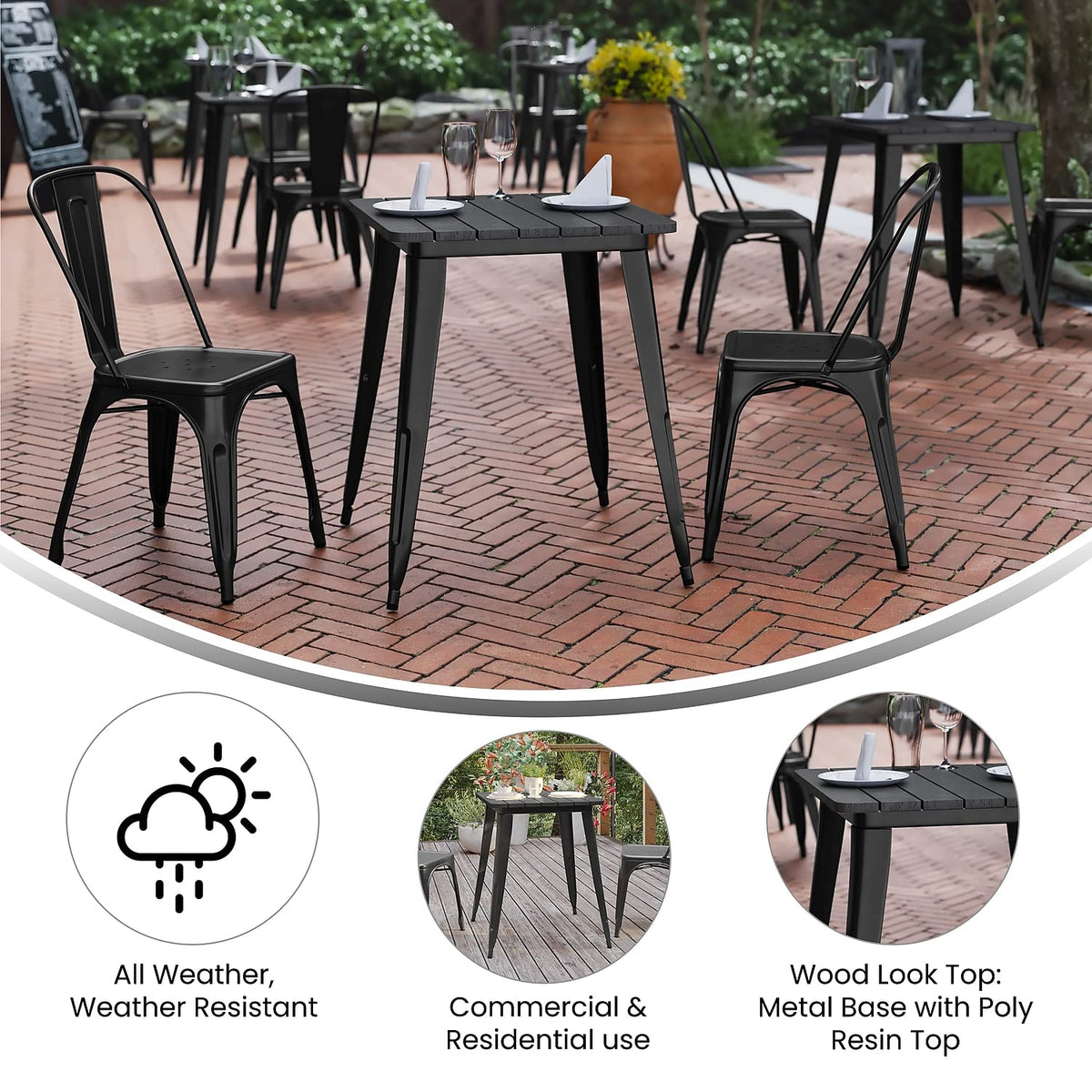 Flash Furniture Declan Commercial Outdoor Dining Table, All Weather Poly Resin Top with Steel Base, 23.75" Square, Black/Black