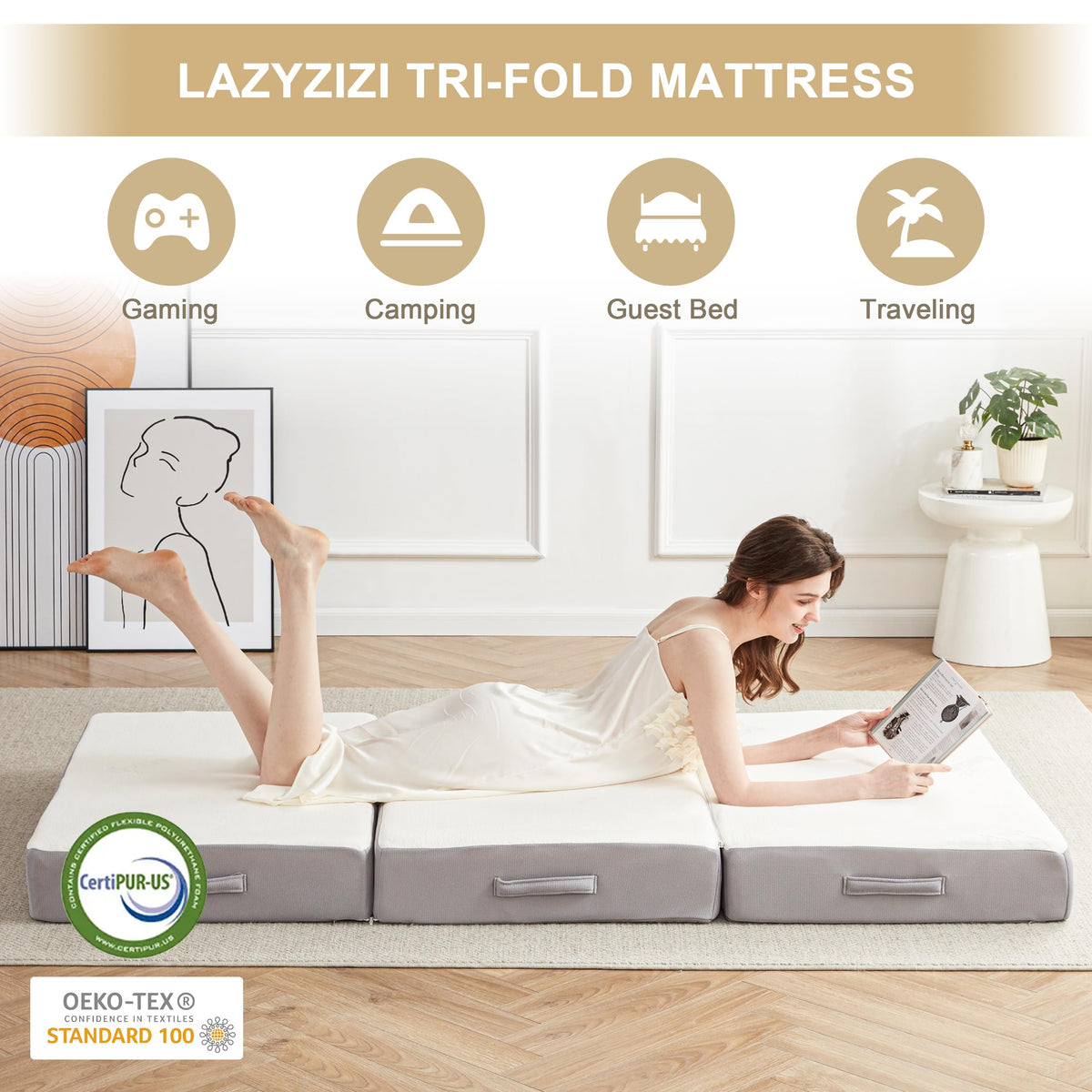 Lazyzizi Folding Mattress, 6 Inch Memory Foam Tri-fold Mattress with Breathable & Washable Bamboo Fiber Fabric Cover, Foldable Floor Guest Bed for Camping, Road Trip, TwinXL