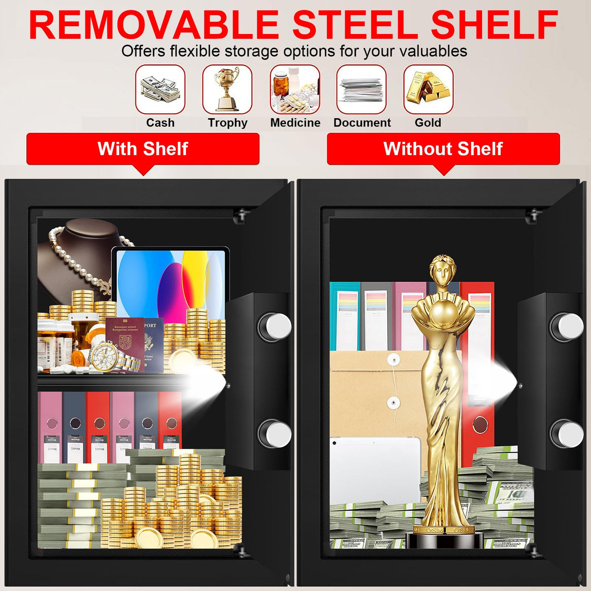 3.4 Cub Large Safes for Home Use Fire and Water Proof, Anti-Theft Digital Security Safe Box with Electronic Keypad and Key, Fire Proof Safe for Home Documents Firearm Medicine Money Valuables