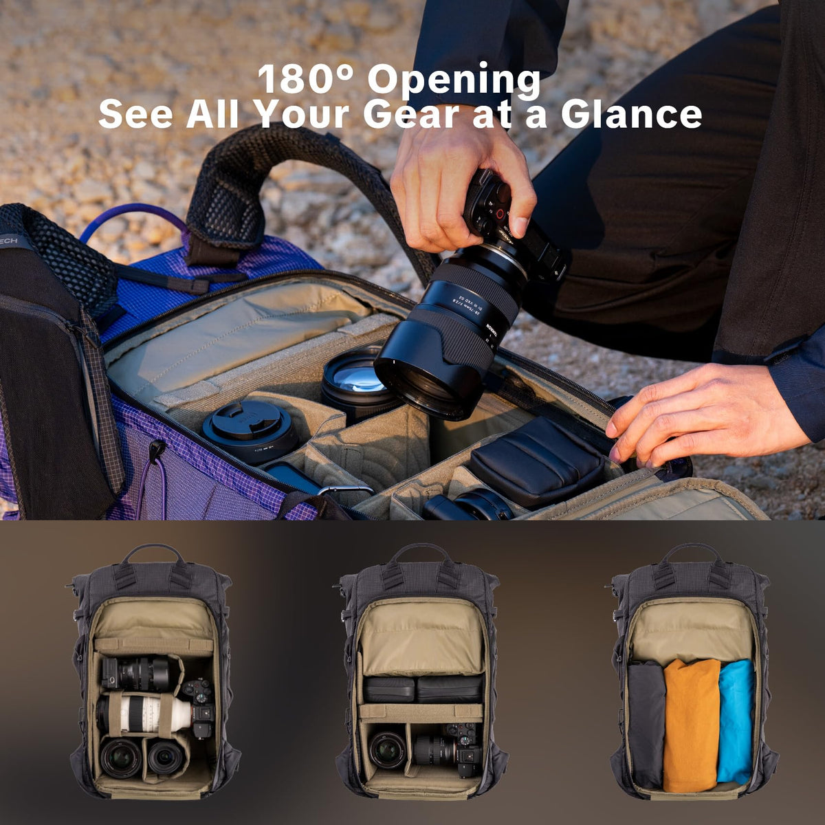 PGYTECH OnePro Ultralight Camera Backpack, Expandable Camera Bag 40L for Photographers, Outdoor Travel Bag with Dividers and 16" Laptop Sleeve, Compatible with DSLR/Drones/Mirrorless (Space Black)