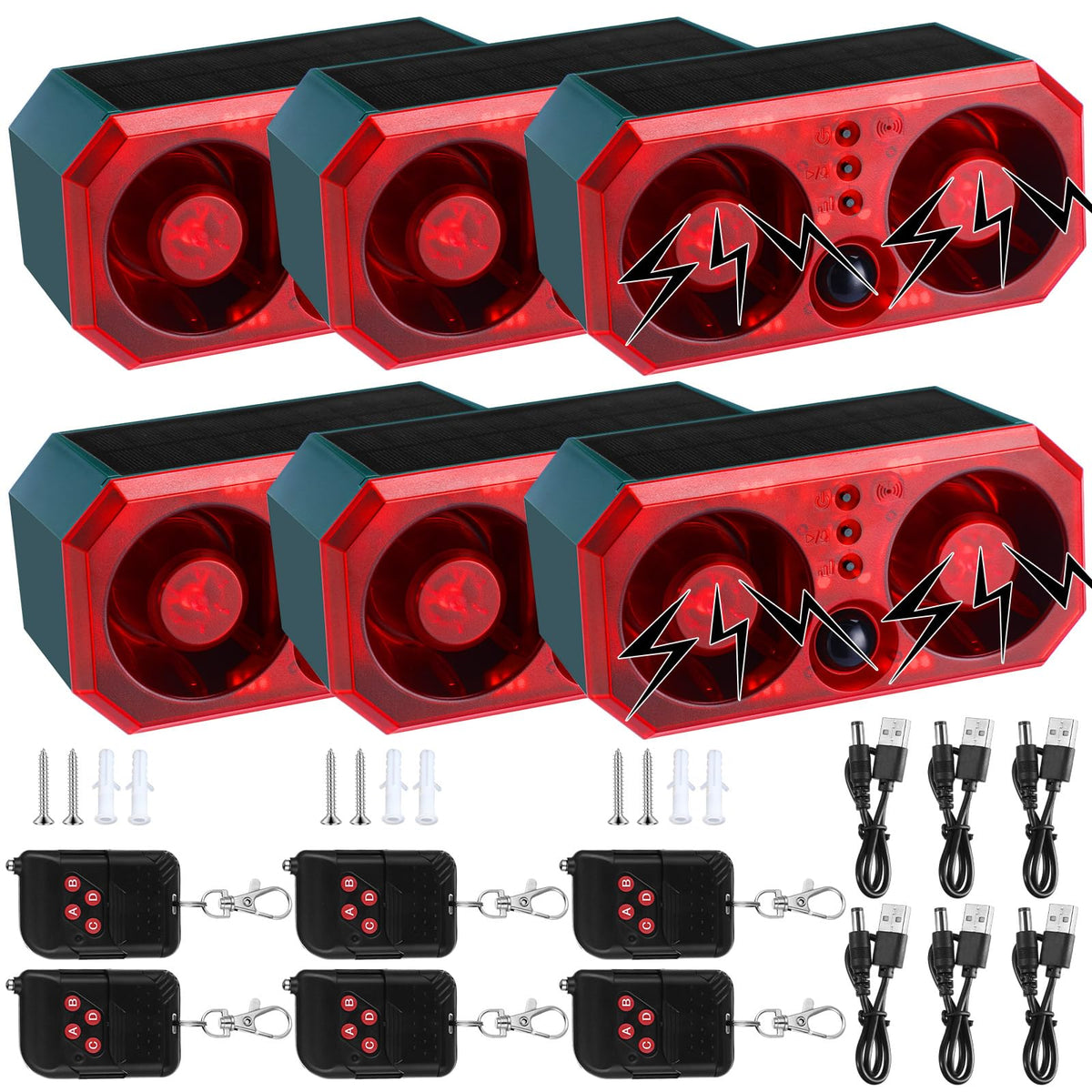 Qualirey 6 Pcs Solar Outdoor Motion Sensor Alarm Motion Sensor Animal Deterrent Dog Barking Alarm 13 Sound 130db Loud Noise Maker 4 Mode with USB Remote Control Support Recording Volume Adjustment