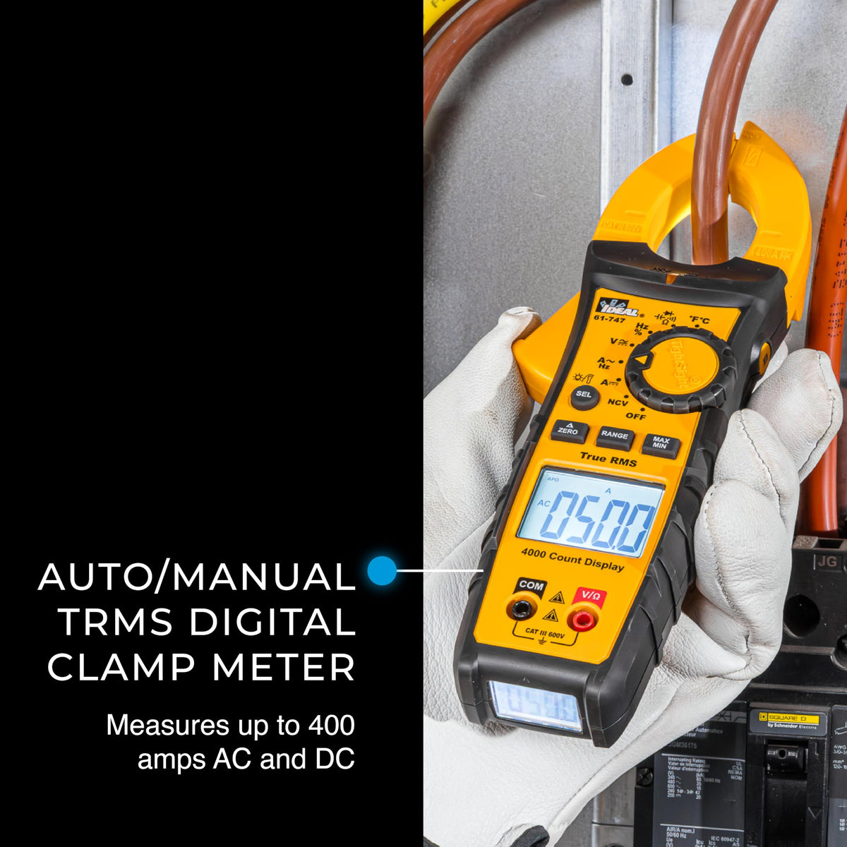 IDEAL Electrical 61-747 TightSight 400 Amp 600-Volt Digital Truerms AC/DC Clamp Meter, CAT III 600V, Dual Backlit Displays, Flashlight, NCV 40–600V, Temp, Continuity, Capacitance, Diodes, Probe Holder