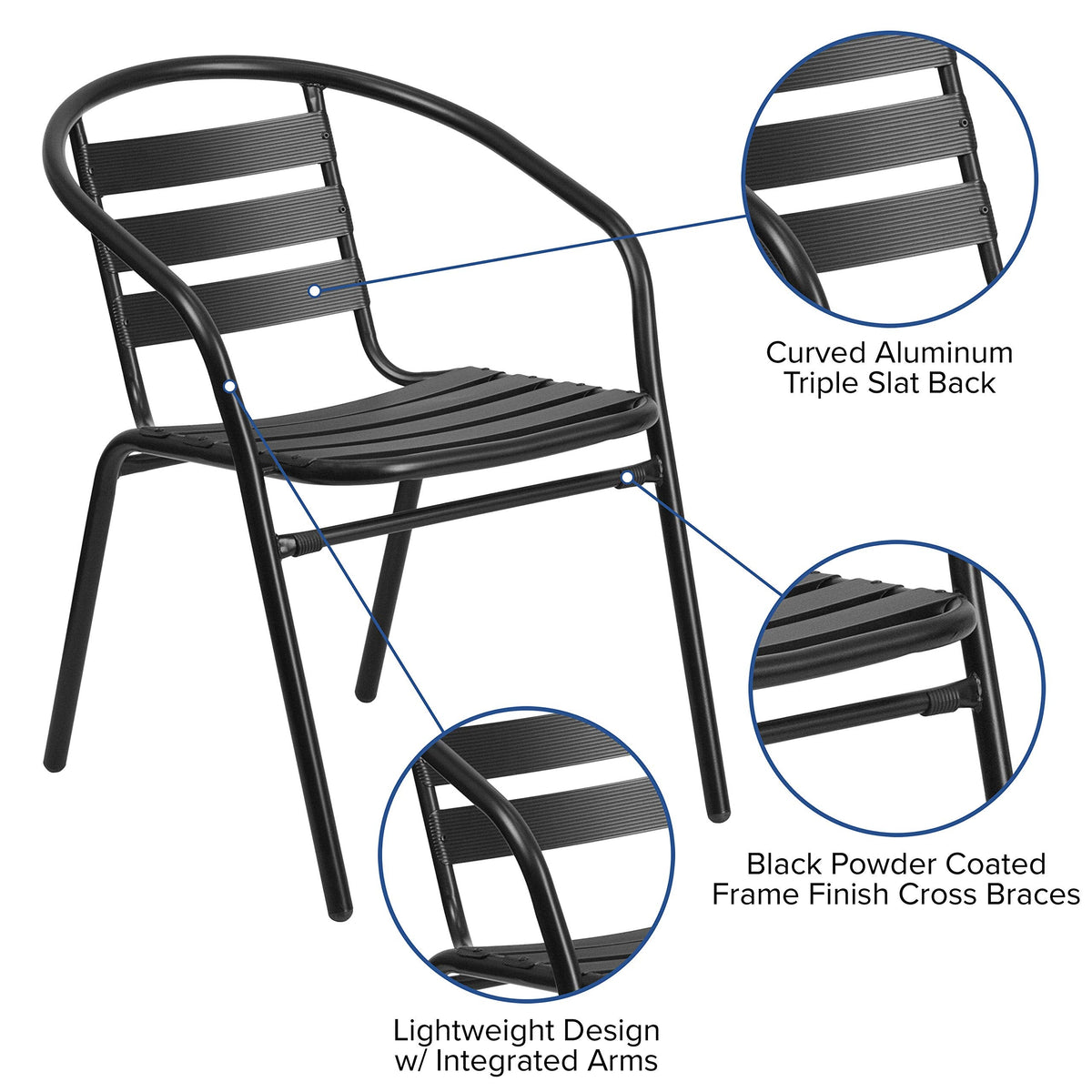Flash Furniture TLH-ALUM-28SQ-017BK4-GG Lila 27.5'' Square Aluminum Indoor-Outdoor Table Set with 4 Slat Back Chairs, Black
