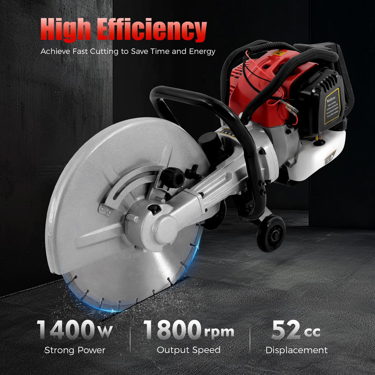 16In Gas Concrete Saw,1400w Concrete Gas Powered Cut-Off Saw with Blade and Directional Wheel, 2-Stroke 52cc Engine Cement Masonry Wet Dry Machine,4" Cut Depth,Motor Circular Cutter For Stone, Brick