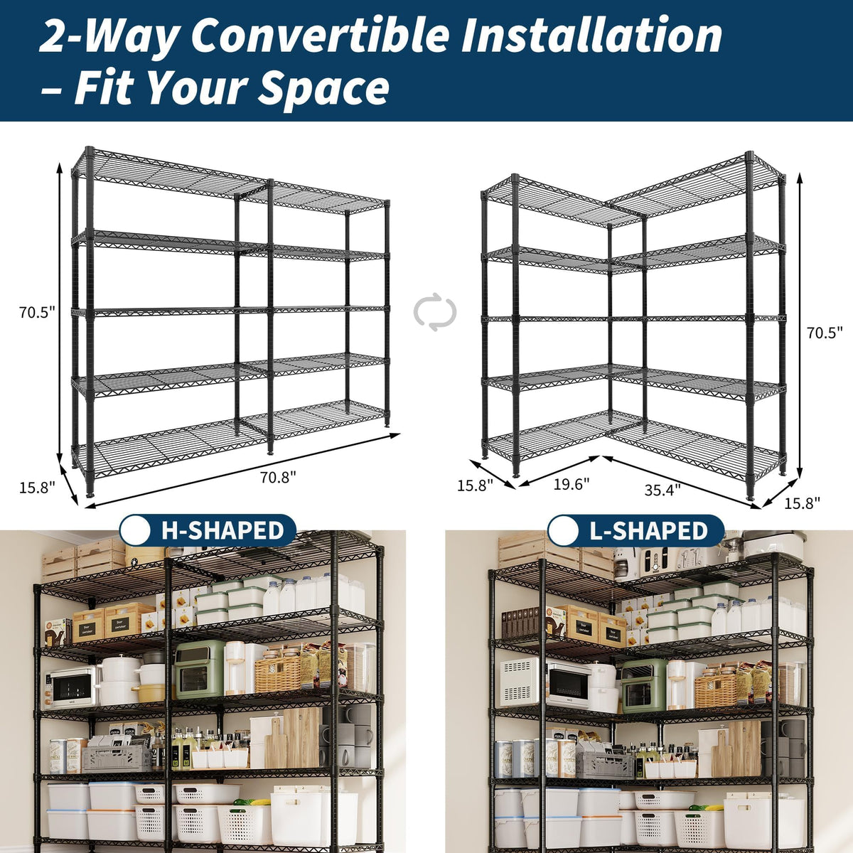 Garvee 71"Wide Storage Shelves Metal Shelving Units 5 Tier, Wire Shelving Rack 1325LBS Heavy Duty Adjustable for Storage, 71"W x 15.8"D x 70.5"H Standing Shelf Unit, for Kitchen Garage Pantry Basement