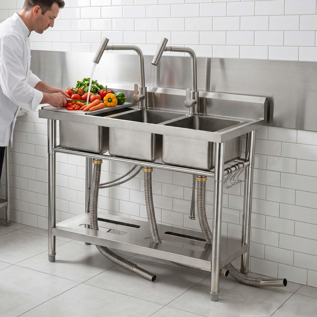 Utility Sink Freestanding Three Bowl Stainless Steel Sink, 39 x 18 x 36 Inch, No Drawer Stand and Two T-Shaped Faucets, Laundry Sink for Kitchen, Bathroom, Garage and Patio