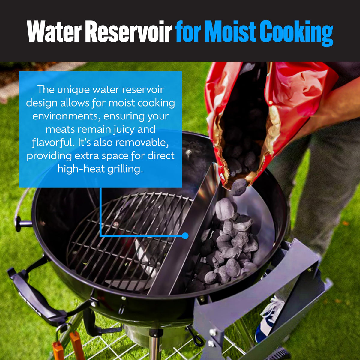Slow 'N Sear® Deluxe Charcoal Basket Insert for 22" Weber Kettle Grills – Patented Stainless Steel Two-Zone Cooking Accessory with Removable Water Reservoir for Low & Slow Smoking and Searing