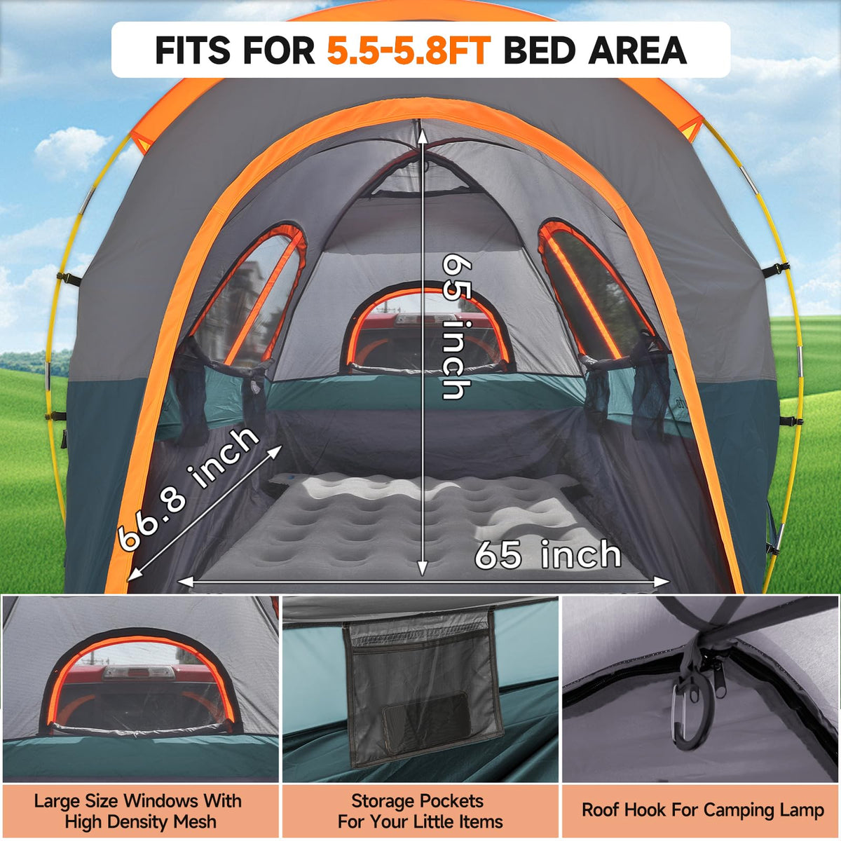 Umbrauto Truck Bed Tent with Awning: 5.5-5.8FT PU3000mm Waterproof Tailgate Pickup Truck Tents, Easy Set-up for 2 Person, Fits Full Size Short Bed, Chevy, Dodge, Ford, GMC, Green