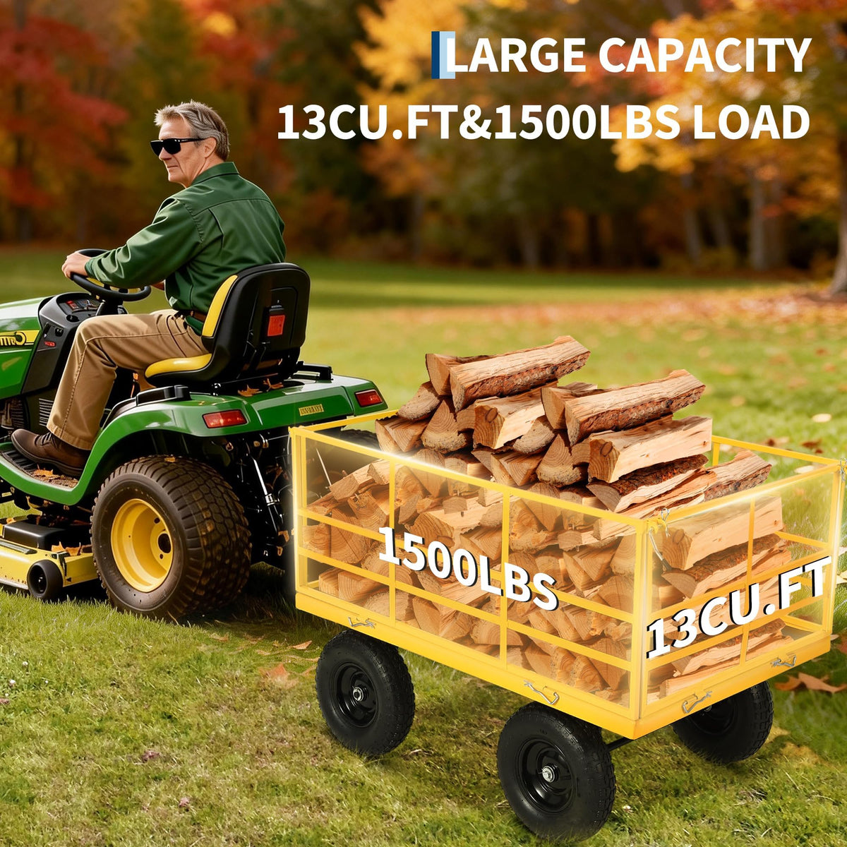 1500 lbs Steel Garden Cart, Folding Utility Wagon with Removable Sides, Garden Wagon Cart on Wheels, Dump Wagon with 13 in Tires180° and Swivel Handle, Yellow