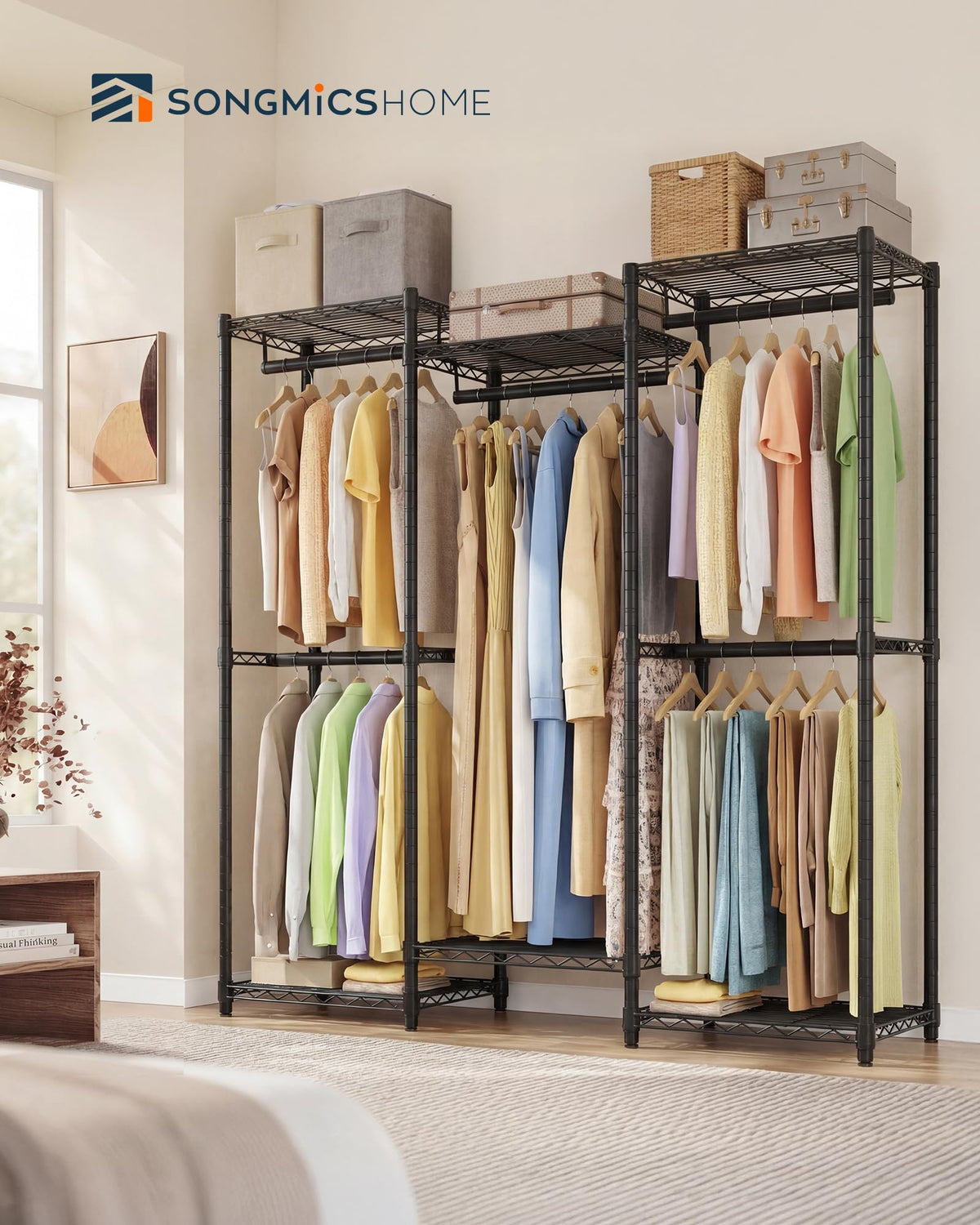 SONGMICS HOME Heavy-Duty Clothes Rack, Metal Closet Organizers and Storage System, Freestanding Wardrobe Closet Garment Rack with Shelves, 16 x 57.1 x 76.2 Inches, Black