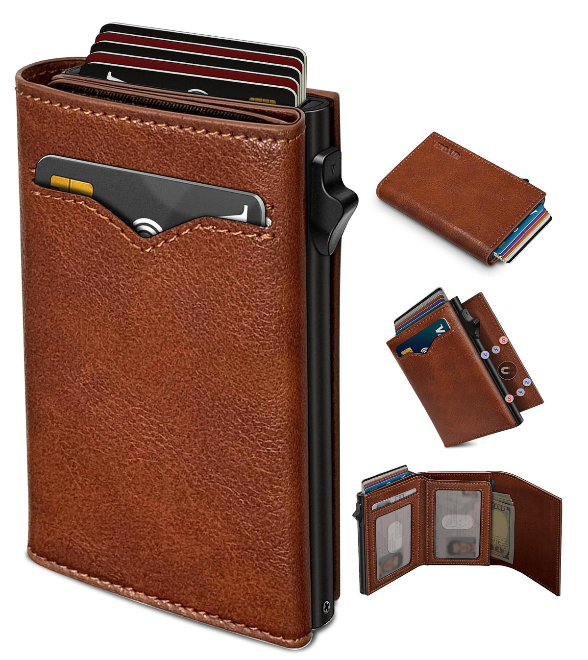miyozi Wallet for Men,with Cash Pocket 2 ID Window 9-13 Cards,Metal Case Smart Slim Pop Up Credit Card Holder Flip with Magnetic Closure RFID Blocking Trifold wallet with Gift Box
