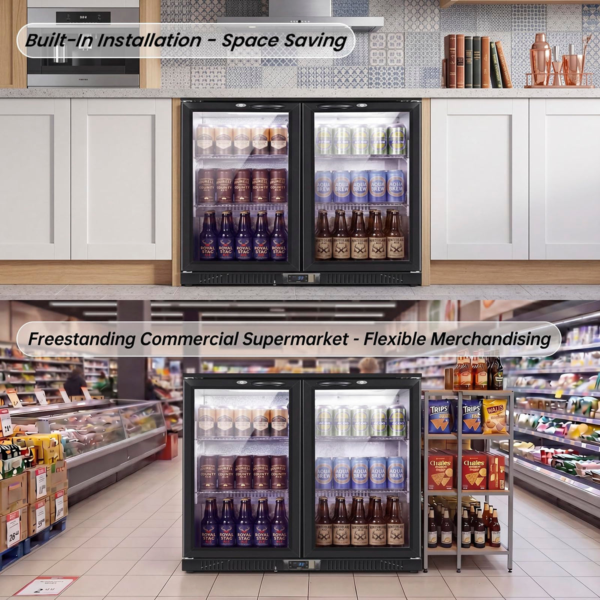 35.42" W Commercial Under Counter Beverage Refrigerator, 2 Glass Door Back Bar Cooler, Built-in/Freestanding 7.4Cuft Drink Fridge with LED Light, Auto Defrost, Low-E Glass & Safety Lock, Rebound door