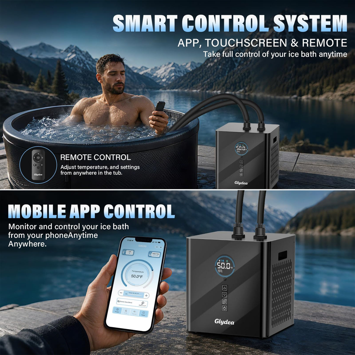 Ice Bath Chiller for Cold Plunge Tubs, 1/3HP 330W Glydea Cold Plunge Water Chiller with Built-in Ozone Function, 24/7 Water Flow, Dual Filtration, Upgraded Hose and Pump, Large LED Color Display