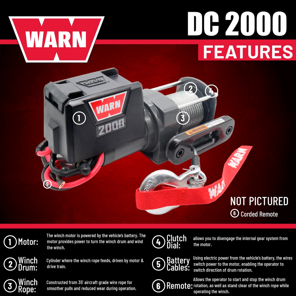 WARN 2000 DC 12V Electric Winch, 2000 lb Pulling Capacity | Steel Cable, Hook & Corded Remote | Portable, Compact Power for Trailers, ATVs, Workshops, and General Utility Lifting & Pulling