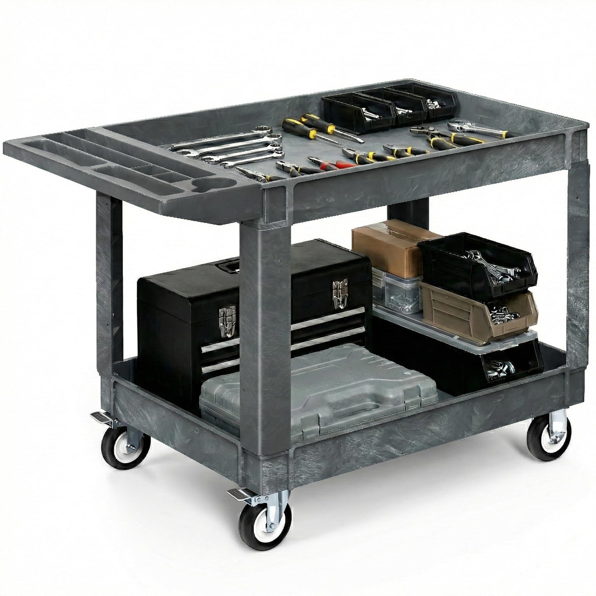 YITAHOME 2 Tier Heavy Duty Plastic Utility Cart 45 x 25 Inch, Rolling Work Cart w/Deep Shelves & 360° Swivel Wheels(2 Brake), Plastic Tool Cart Suitable for Warehouse, Garage, Office, Cleaning, Gray