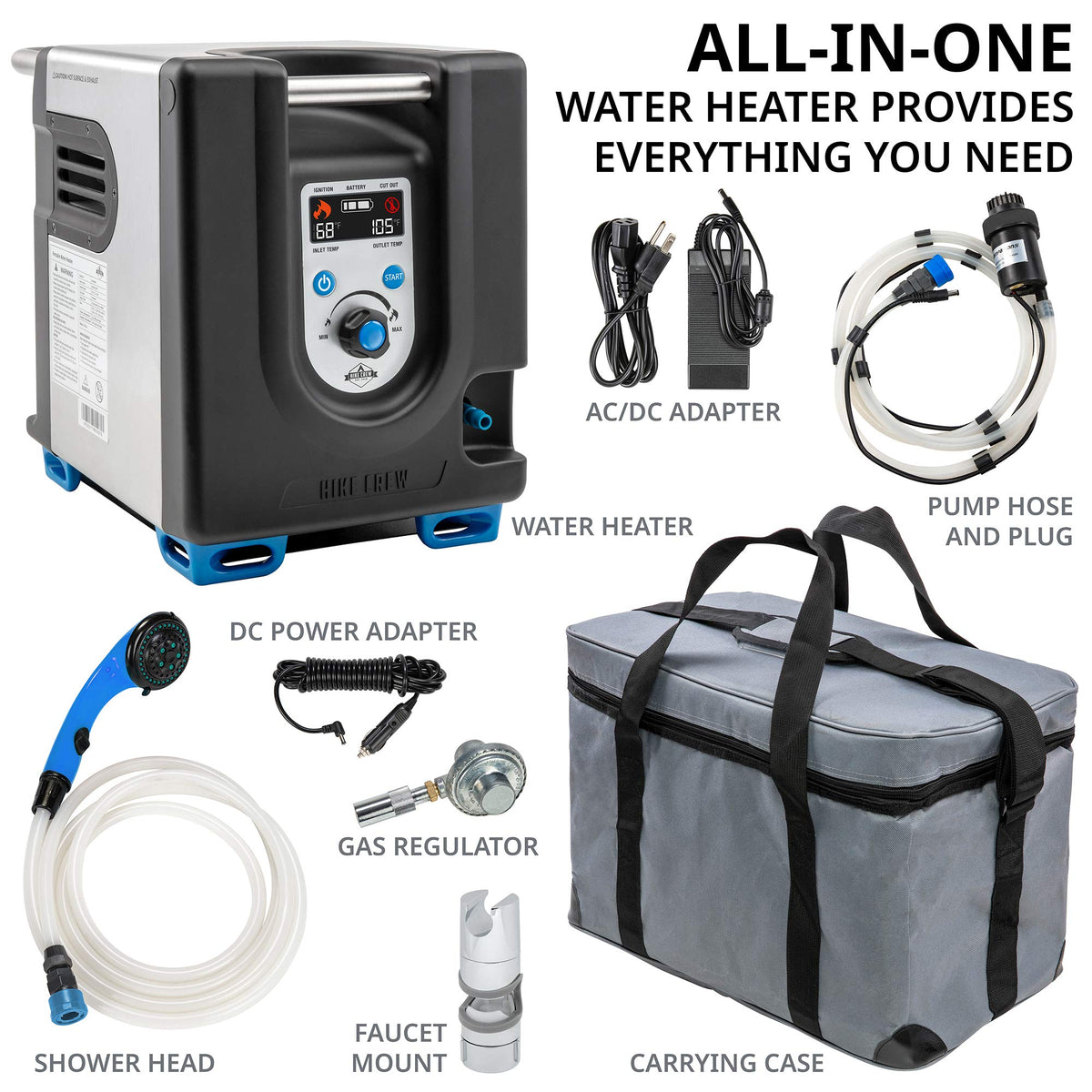 Hike Crew Portable Propane Water Heater & Shower Pump w/Built-in Battery | Compact Outdoor Cleaning & Showering System w/LCD, Safety Shutoff & Carry Case, Instant Hot Water for Camping & Hiking
