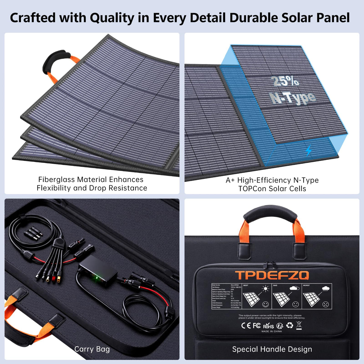 TPDEFZQ 220W Portable Solar Panel 20V 25% High Efficiency N-Type Solar Cell, with 4 Adjustable Kickstand, IP68 Waterproof,Foldable Solar Panel for Camping RV Off Grid Backup