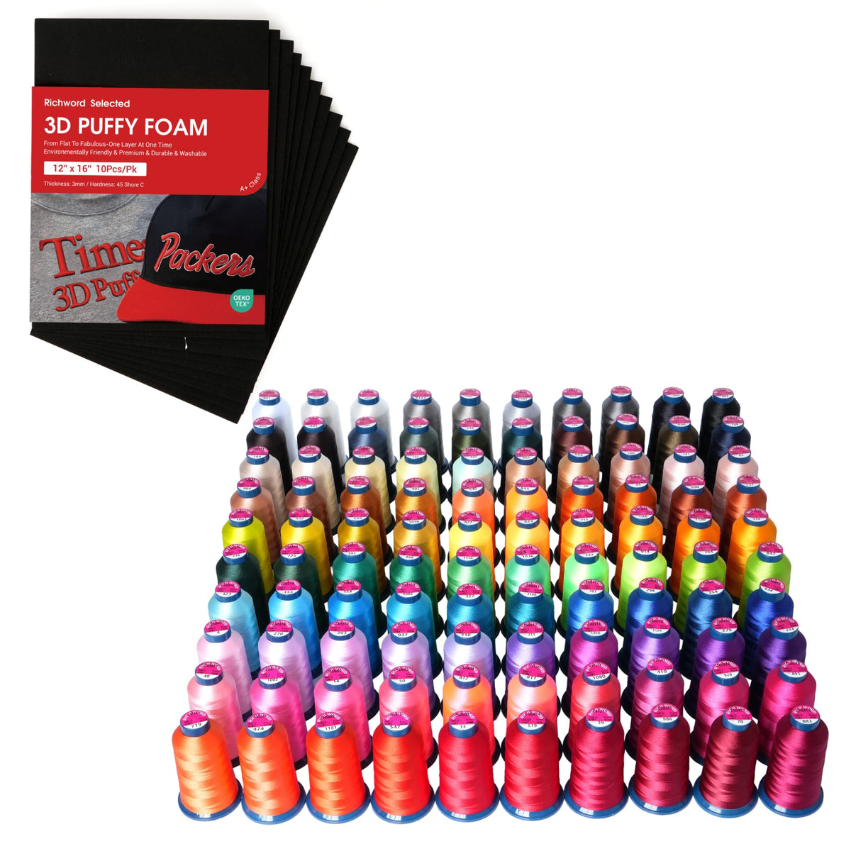 BAi Embroidery Bundle – 100 Color 40WT Thread Set (4000M) + 3D Puffy Foam 12"x16" 3MM 10PCS for Machine Embroidery