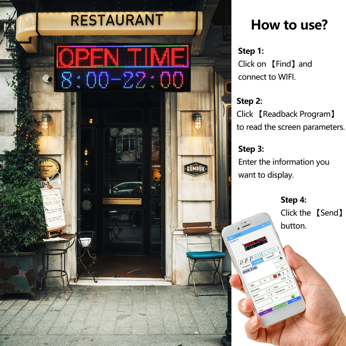 P10 Outdoor/Indoor Programmable LED Sign, 4000CD/㎡ High Brightness Scrolling Display, WiFi Control, Customizable Message Board for Business Advertising, Restaurants, Stores, Bars 40"x14"