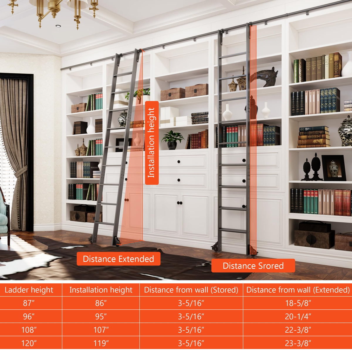 87" Sliding Library Ladder, Black +12FT Rolling Track Kit