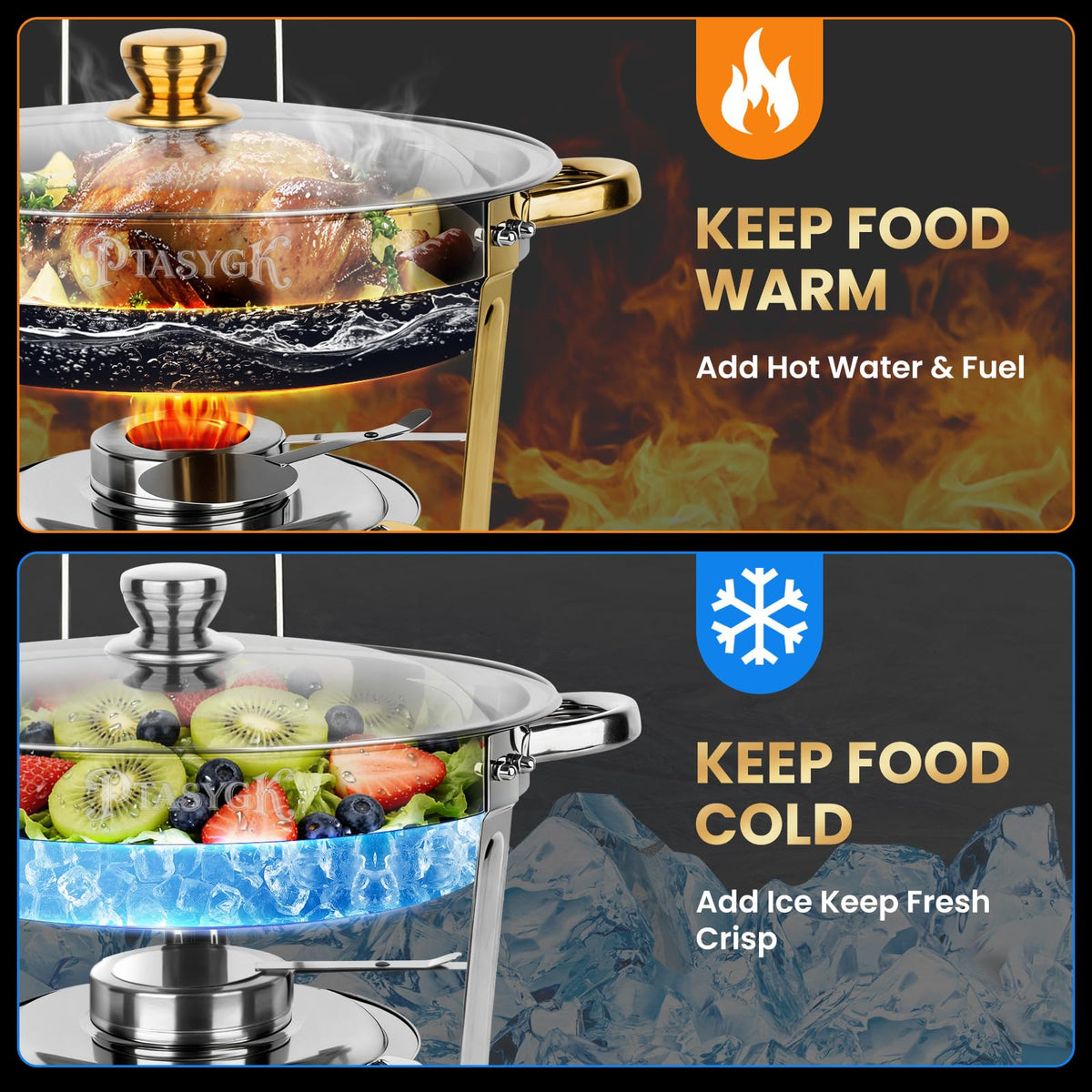 PTASYGK Chafing Dishes for Buffet - 4 Pack 5QT Gold Stainless Steel Round Food Warmer with Stainless Steel Lid, Lid Holder & Stackable Design for Home Parties & Small Catering