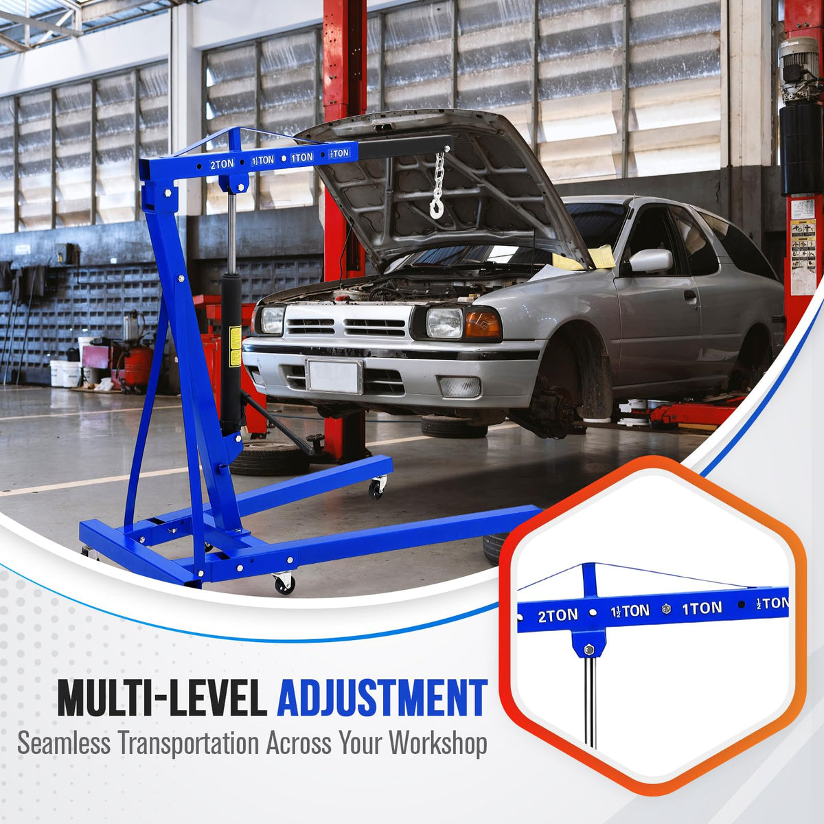 GarveeLife 2-Ton Folding Hydraulic Engine Hoist with Leveler, Shop Crane with Telescopic Boom & 6 Casters, 4400 Lbs Foldable Cherry Picker Lift for Home Garage, Workshop, Warehouse, Heavy-Duty, Blue