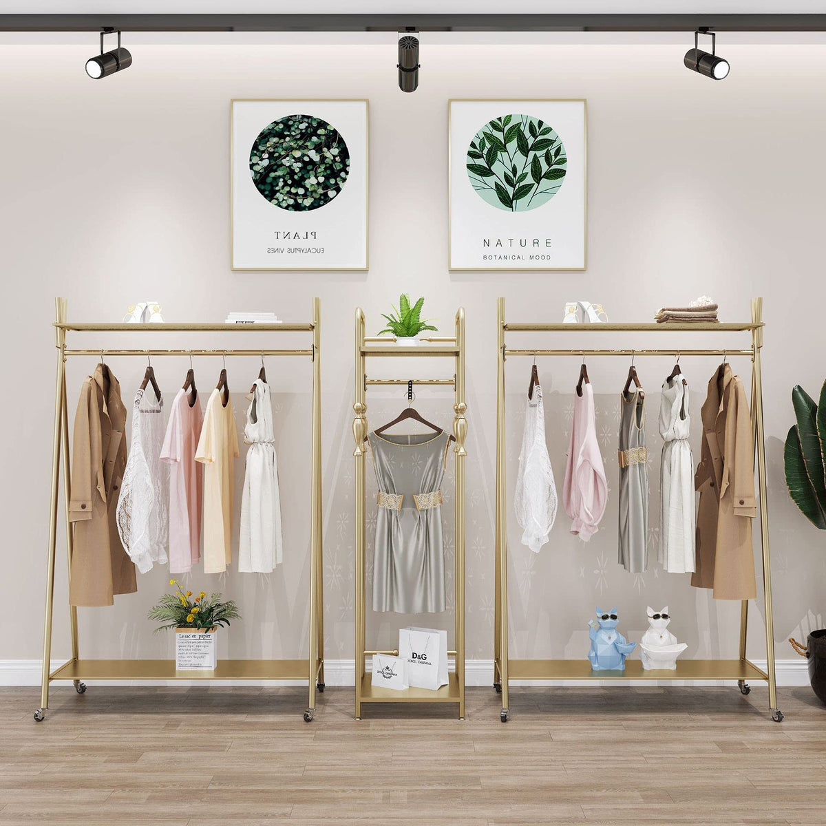 MAIKAILUN Clothes rack Gold, Freestanding Industrial Garment Rack with Double shelves Multi-functional Bedroom Hanging Clothing Rack,Heavy Duty Coat Rack Organizer for Bedroom Shoes 1 pack (39'' L)