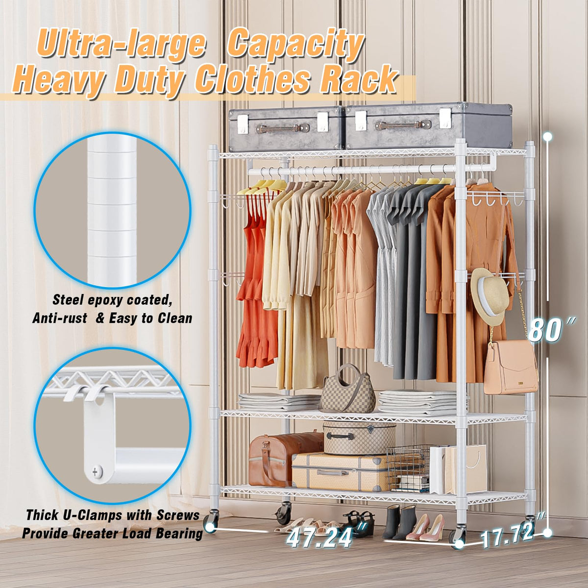 Homdox 3 Tier Garment Rack with Wheels, Portable Closets for Hanging Clothes Heavy Duty, Closet Racks and Shelving with Double Hanger Rods & Side Hooks, White