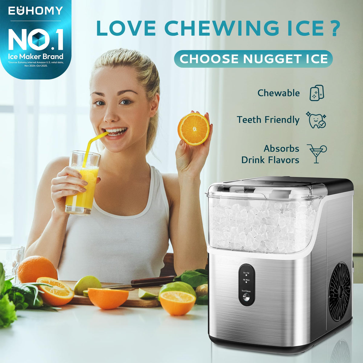 EUHOMY Nugget Ice Makers Countertop, Pebble Ice Maker Machine with 34lbs/24H Soft Ice, Self-Cleaning Sonic Ice Maker with Ice Scoop&Basket, Pellet Ice Maker for Home/Kitchen/Office(Stainless Steels)