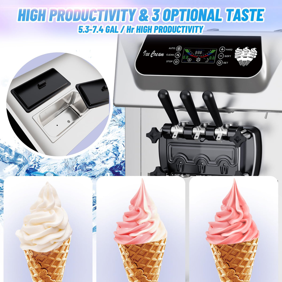 Commercial Soft Serve Ice Cream Machine 2200W, 5.8-8 Gal/Hr Yield, 2+1 Flavor with 2x7L Hopper & 3 Dispensers, Auto Clean & LCD Display for Restaurant Bars