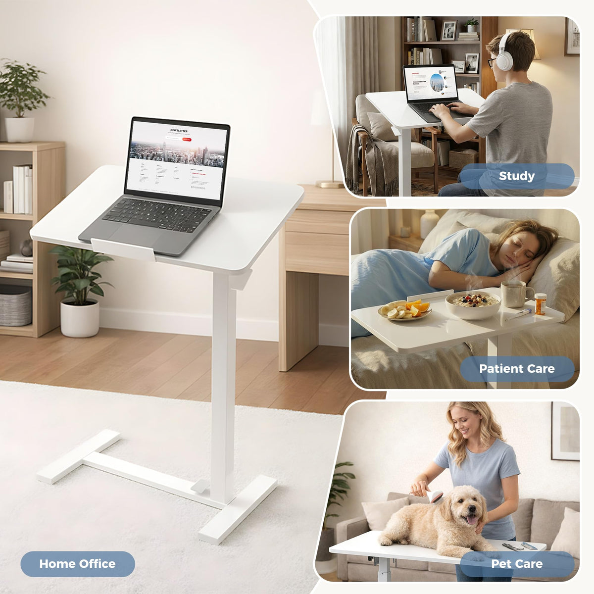 HAPPYMONT Adjustable Overbed Bedside Table with Hidden Wheels, Mobile Standing Desk with Pneumatic Lift, Portable Computer Workstation Cart for Bed, Couch, Office, Sofa, White