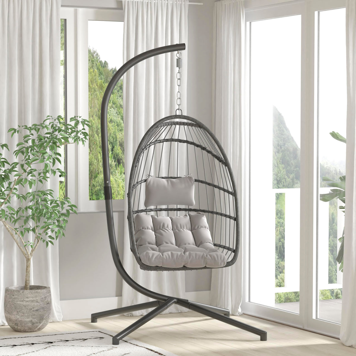 Flash Furniture Cleo Indoor/Outdoor Patio Hanging Egg Chair - Gray Frame with Gray Seat Cushions - Black Powder Coated C-Style Stand - Hanging Hardware Included