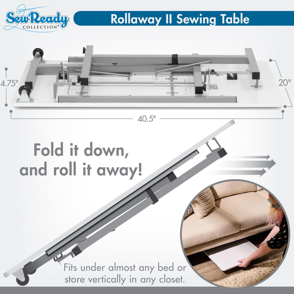 Rollaway II Compact Portable Folding Sewing Table, Silver/White