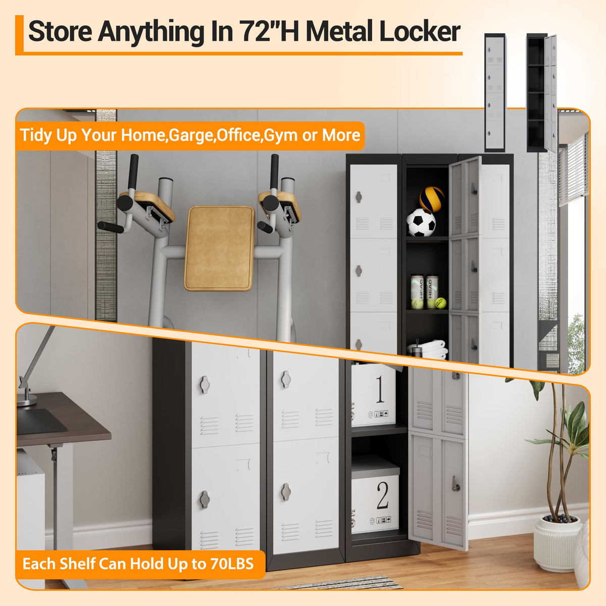 GarveeTech 72’’ Metal Storage Cabinet with 4 Door, Lockers for Employees Students with Shelves, Metal Storage Steel Locker for School Office Gym Home Warehouse, Assembly Required, Grey+Black