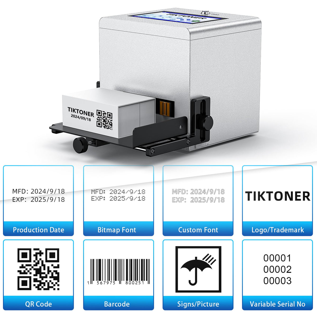 TIKTONER Inkjet Coding Machine, Date Printer with 7-inch Touch Screen Batch Code Printer with 42ml Quick-Drying Ink Cartridge Inkjet Coder for Barcode/QR Code/Number/Picture Print on Many Materials