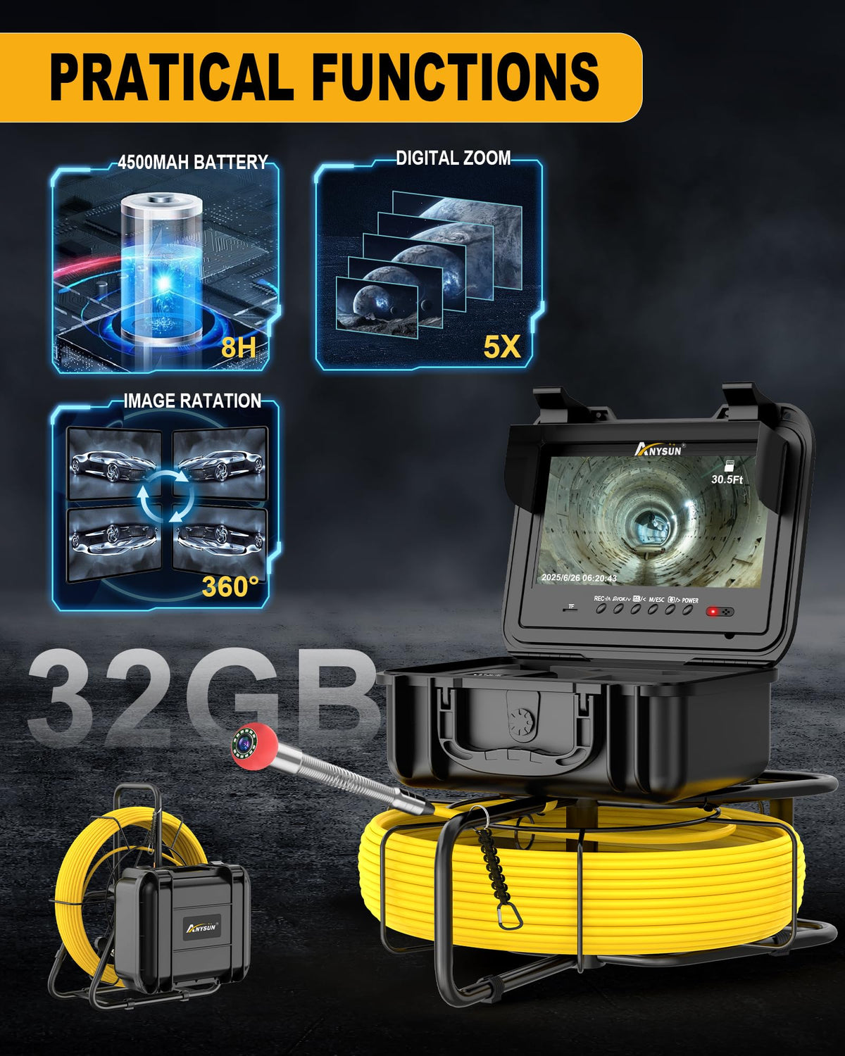 Anysun Sewer Camera with Locator, Self Leveling, Distance Counter, 7MM Thicker Cable, 165Ft/50M Pipe Inspection Cameras with 9'' 1080P Monitor, Video Drain Camera IP68 Industrial Borescope Snake, 32GB