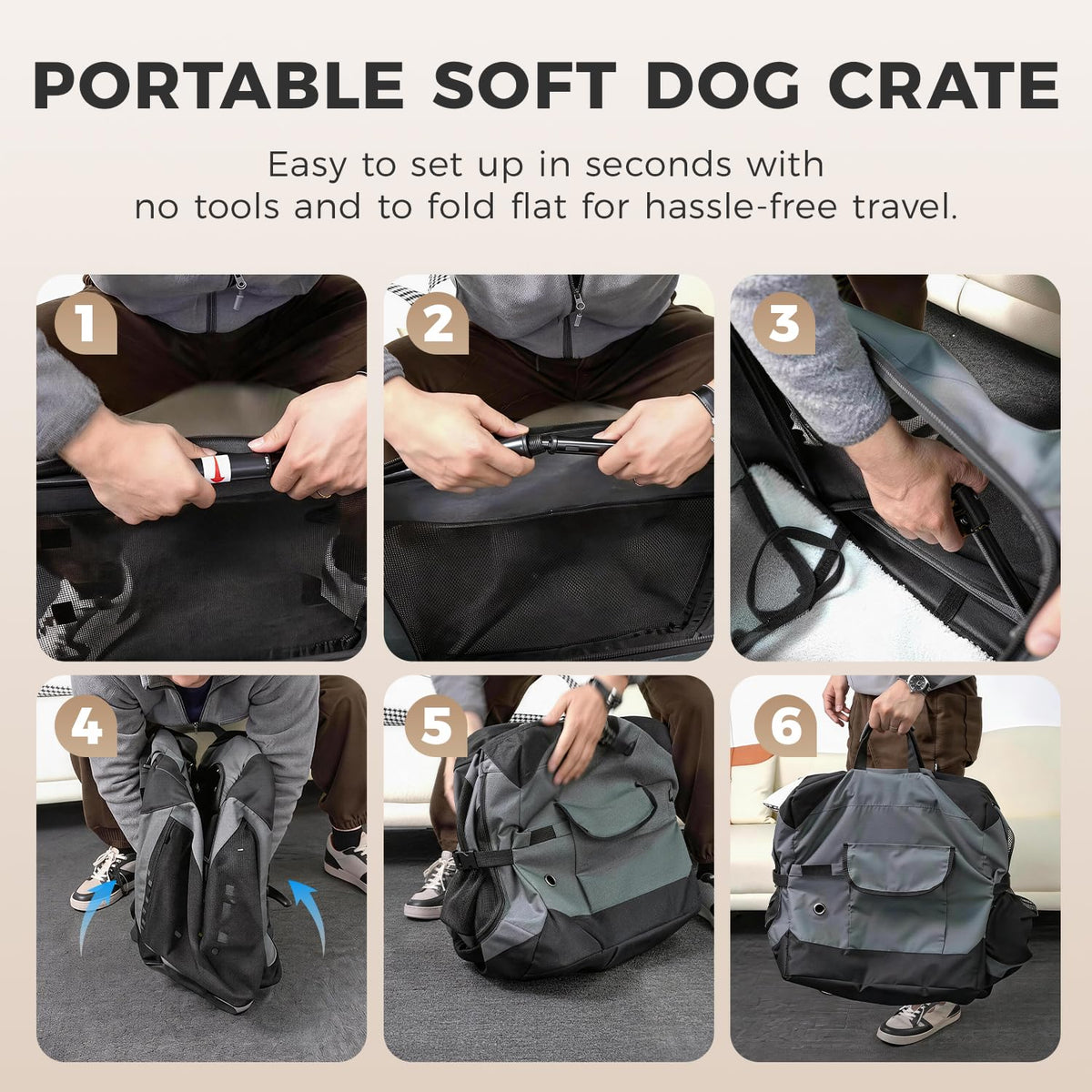 PETSEE 36 Inch Soft Collapsible Crate for Large Dogs, 4-Door Portable Foldable Soft Kennel with Chew Proof Mesh Windows for Indoor & Outdoor Travel Grey