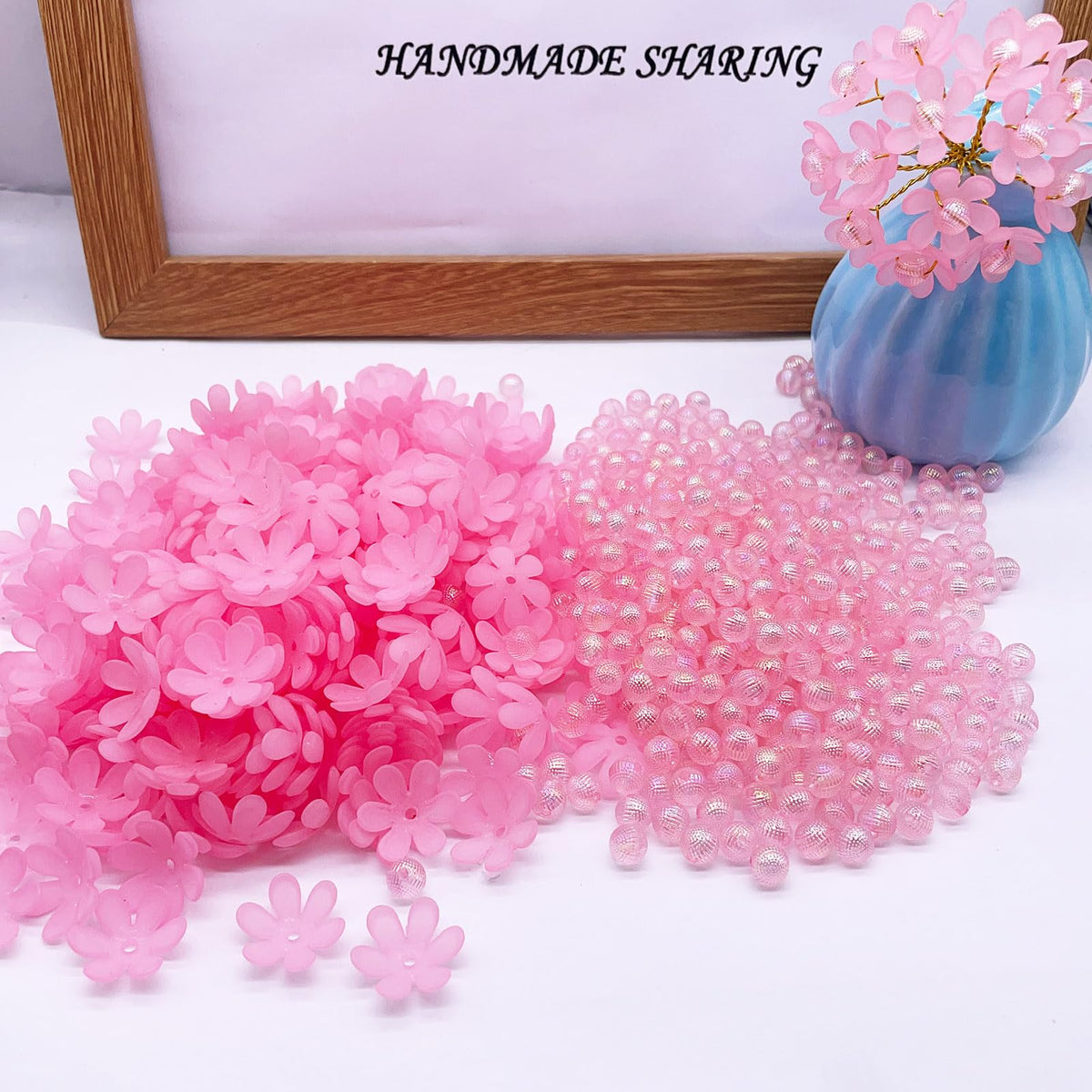 Crystal Artificial Flower Bouquet Material Set, Including 300 Acrylic Petals, 300 Beads, and 50 Iron Wires, Used for DIY Bouquets for Home Garden, Party, and Wedding Decoration (Pink)