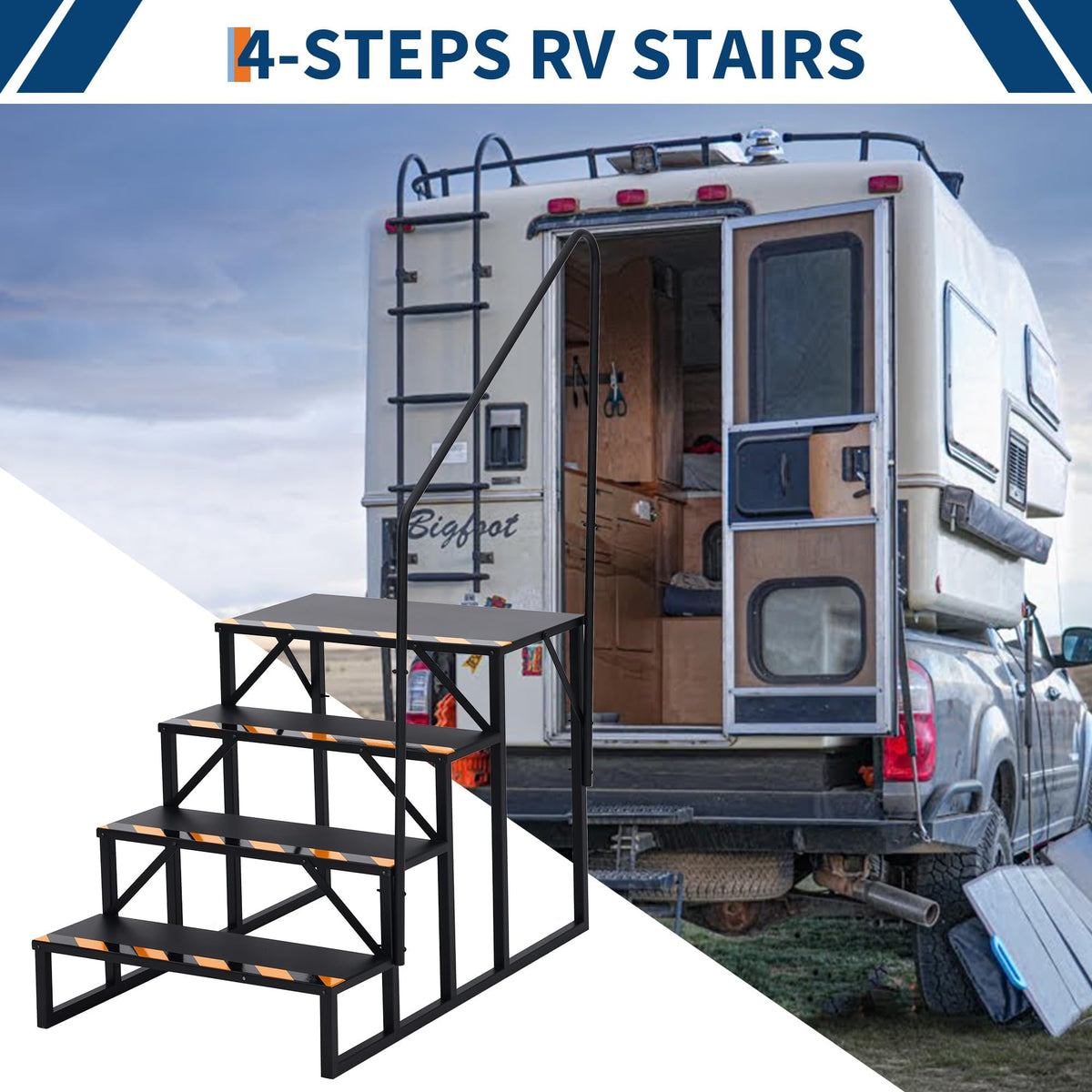 BouPower RV Steps with Handrail, 4 Steps RV Stairs w/Handrail, Wide Platform Steps for Hot Tub, Camper, Mobile Home & Porch, Safe Access for Elderly, Kids & Pets, Indoor/Outdoor Use