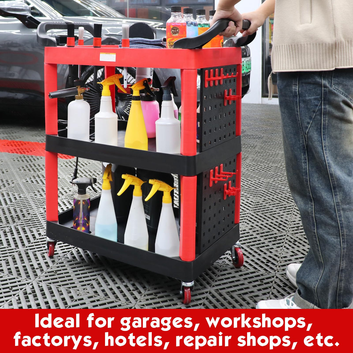 ALL4DETAIL Auto Detailing Cart with Wheels, 3 Tier Car Detailing Cart with Hanging Boards & Hooks, Car Wash Organizer for Garage Workshop DIY Home