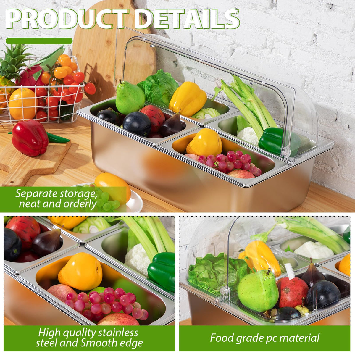 Ziliny Countertop Food Serving Display Container and Clear Roll Top Cover Stainless Steel Food Serving Tray Buffet Condiment Dispenser Display Rack for Restaurant Kitchen(Silver,21 x 13 x 13'')