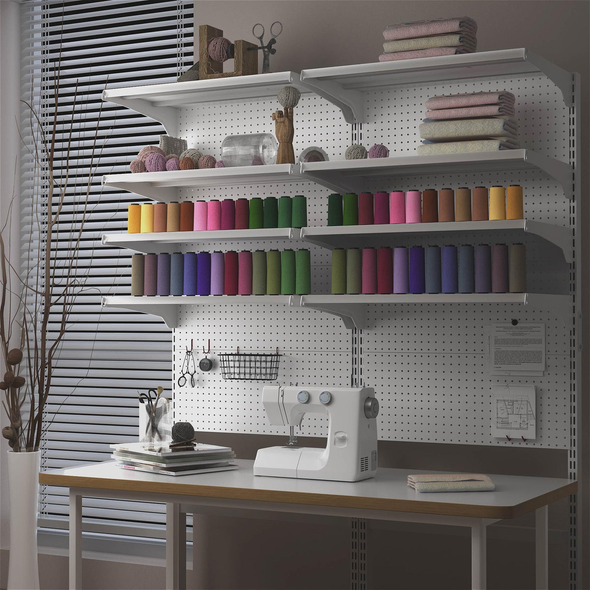 JWX Standing Pegboard Shelf Unit, White Gaming Home Office Garage Cabinets with Metal Pegboard and 15 Pieces Organizer Tool Holders