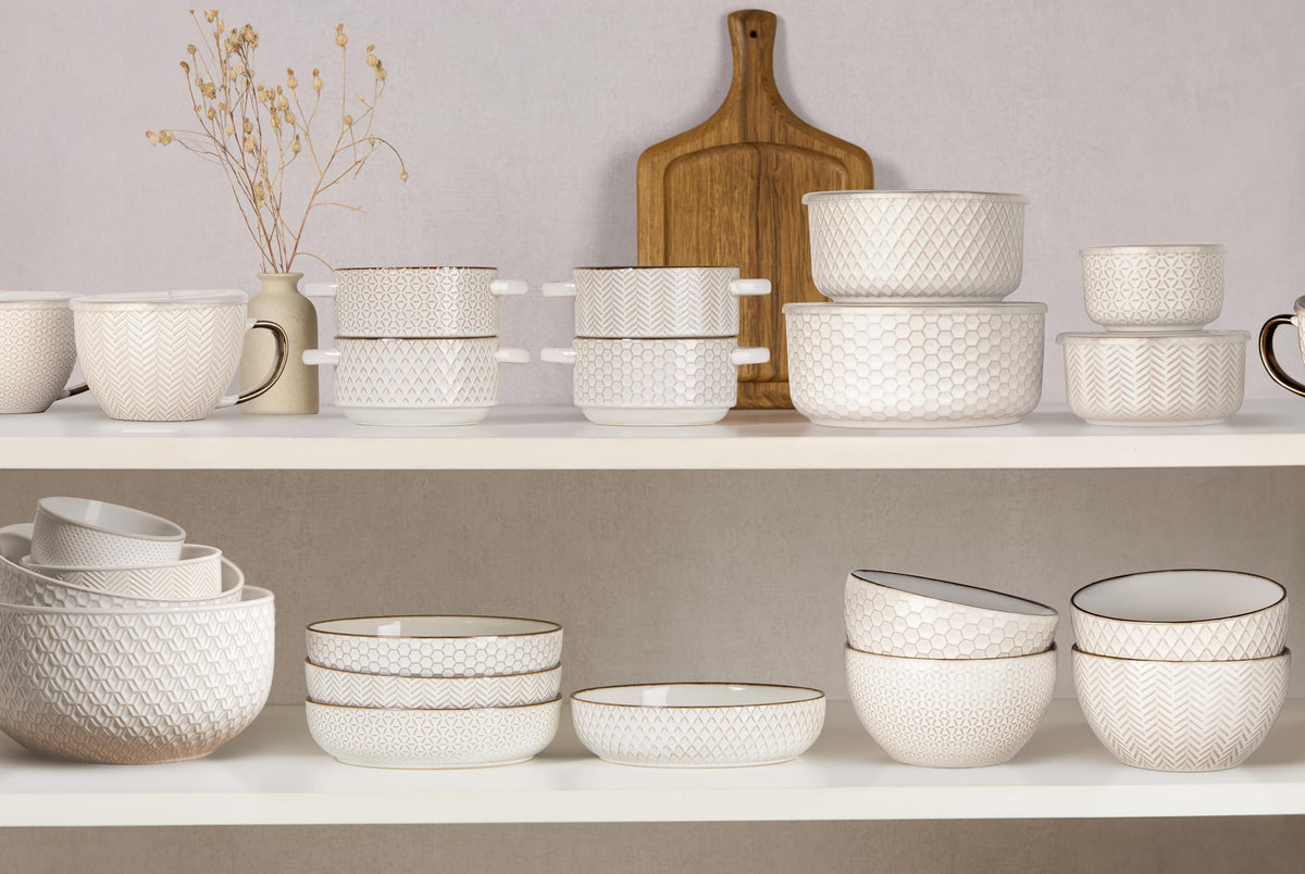 KooK Ceramic Mixing Bowls, Nesting Set of 4, Embossed Kitchen Dishware, Prep, Serving, Gift, Microwave and Dishwasher Safe, 20/44/98/145 oz, Narbonne Collection (Ivory)