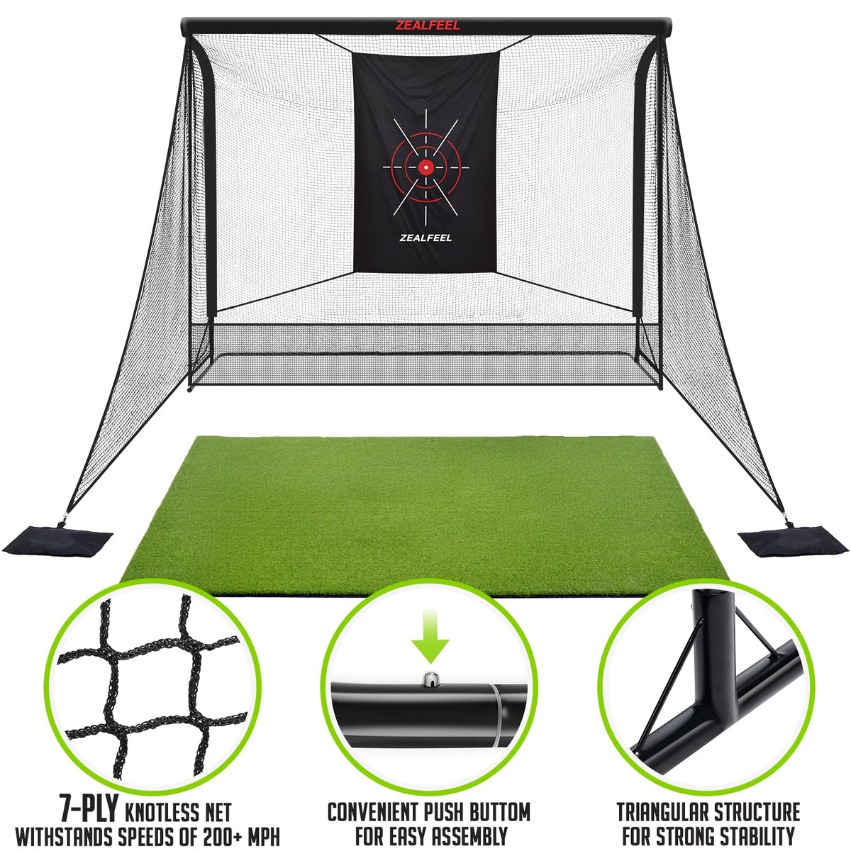 Zealfeel Golf Net, 10x7ft Golf Simulator Enclosure Net with Side Barriers, Low-Noise Silk Target, Carry Bag, 2 Sand Bags, 4 Stakes, Hiting Net for Backyard Driving Chipping Indoor Outdoor Use