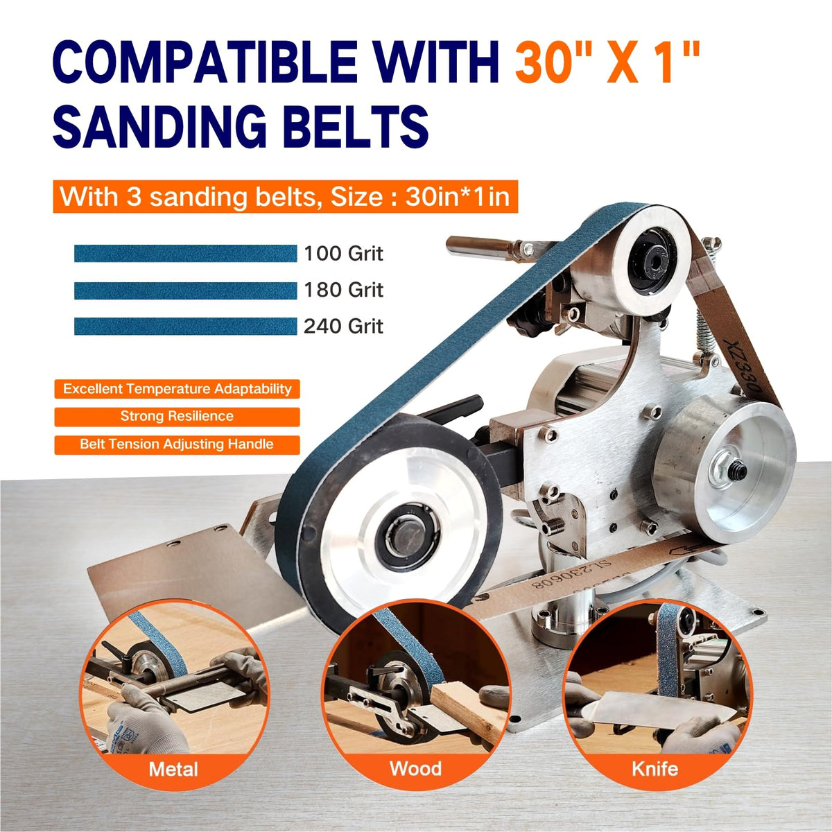 Belt Grinder Sander, 30 x 1-Inch Variable Speed Belt Polisher with VFD, 110V 550W Electric Grinding Machine with 2 Grinding Moulds & 3 PCS Sanding Belts for Metalworking, Knife Making