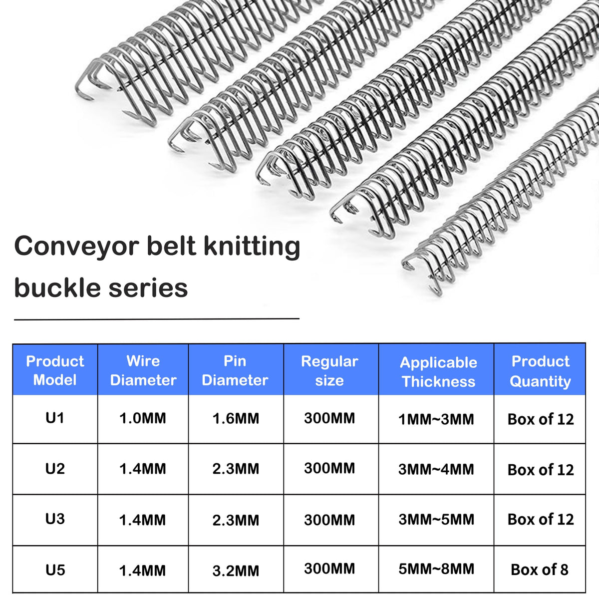 KONLEYA U2 Conveyor Belt Splicer 12'' Industrial Belt Fasteners 316 Steel Buckle Belt Lacing Pins for Conveyor Belt 300mm 12PCS