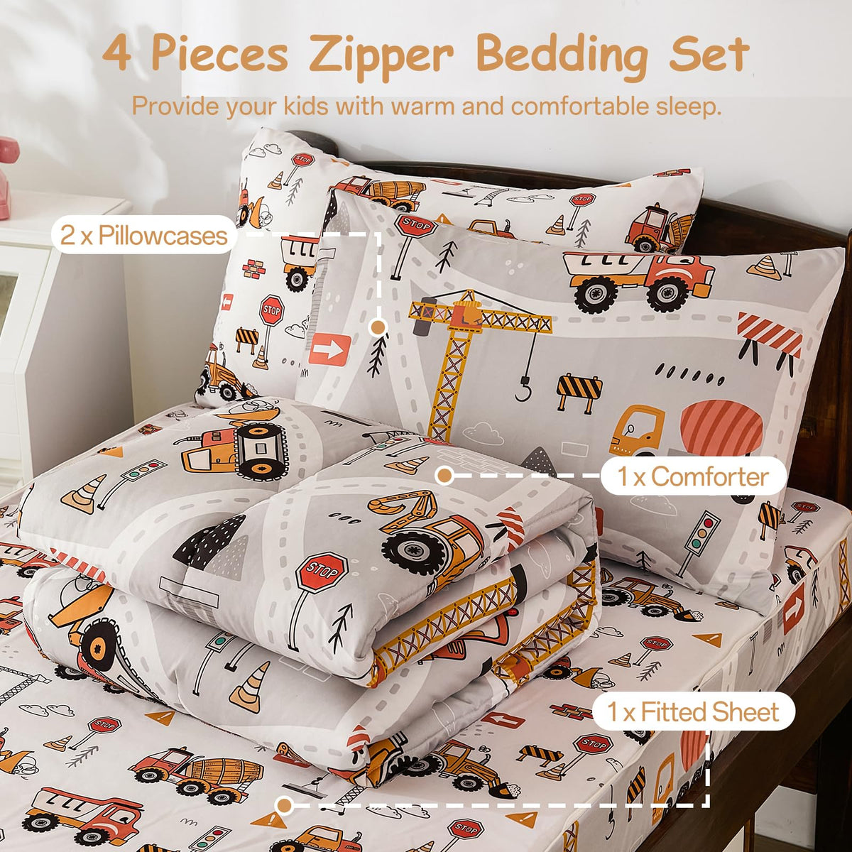DJY Zipper Bedding Set Twin, Cars Bedding Sets for Boys, Kids Construction Comforter Set with Fitted Sheet Pillowcases, All in One Zipper Bed Set for All Seasons