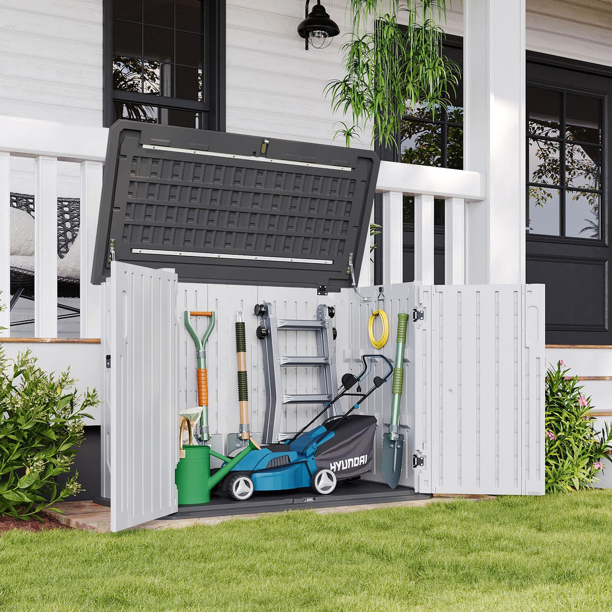 Aoxun Outdoor Storage Cabinet 35 Cu.Ft Resin Waterproof Horizontal Storage Shed for Garbage Bin, Generator, and Lawn Mower (White)