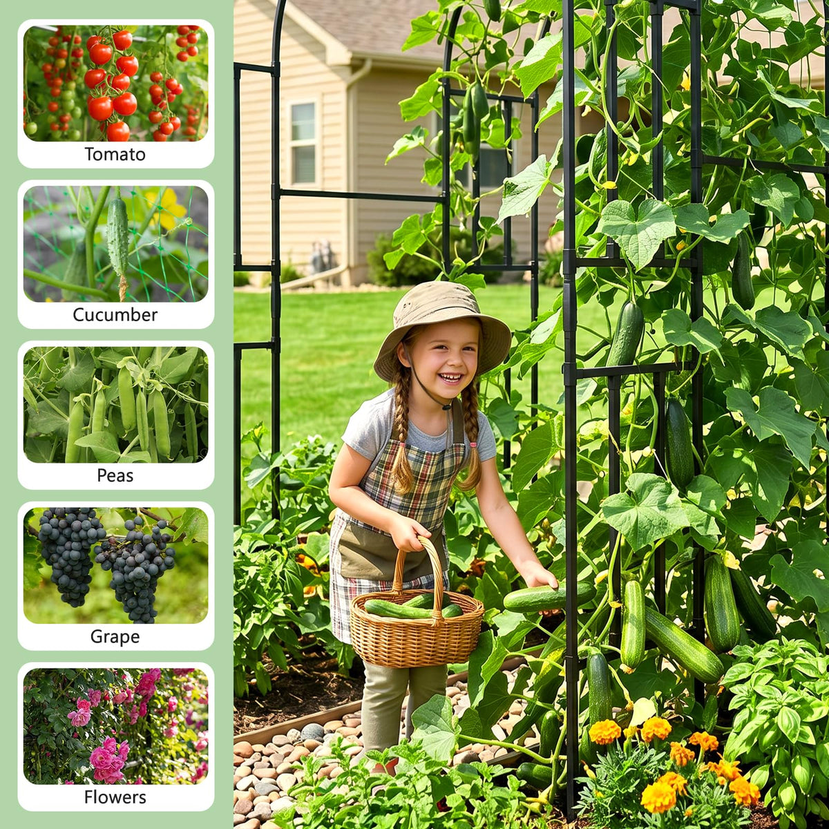 Tall Garden Arch Trellis for Climbing Plants, 87in Tall Metal Plant Support Trellis Archway for Climbing Plant Vegetables Cucumber, Outdoor Yard Lawn Garden Arch Tunnel Trellis